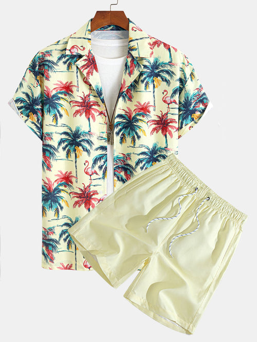 Relaxed Fit Flamingo Tropical Palm Tree Print Button-Up Shirt and Swim Shorts