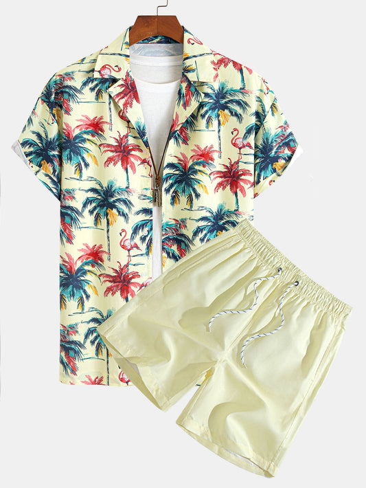 Relaxed Fit Flamingo Tropical Palm Tree Print Button-Up Shirt and Swim Shorts