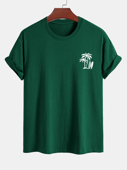 Classic Fit Cotton T-Shirt with Palm Tree Surfboard Design