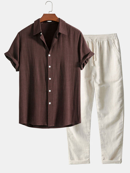 Linen-Rayon Blend Button-Up Shirt with Straight-Leg Linen Trousers