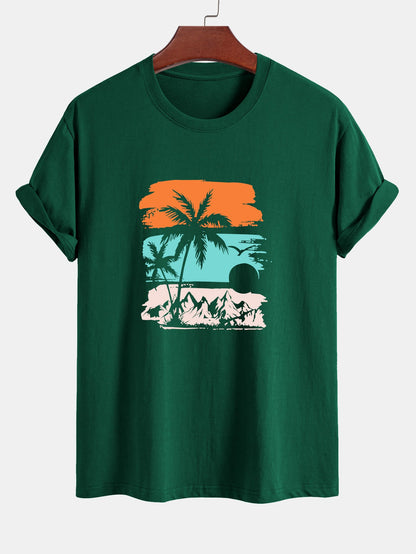 Classic Fit Cotton T-Shirt with Palm Tree Silhouette Design