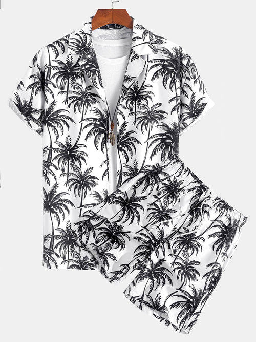 Relaxed Fit Palm Tree Print Button-Up Shirt & Matching Swim Shorts