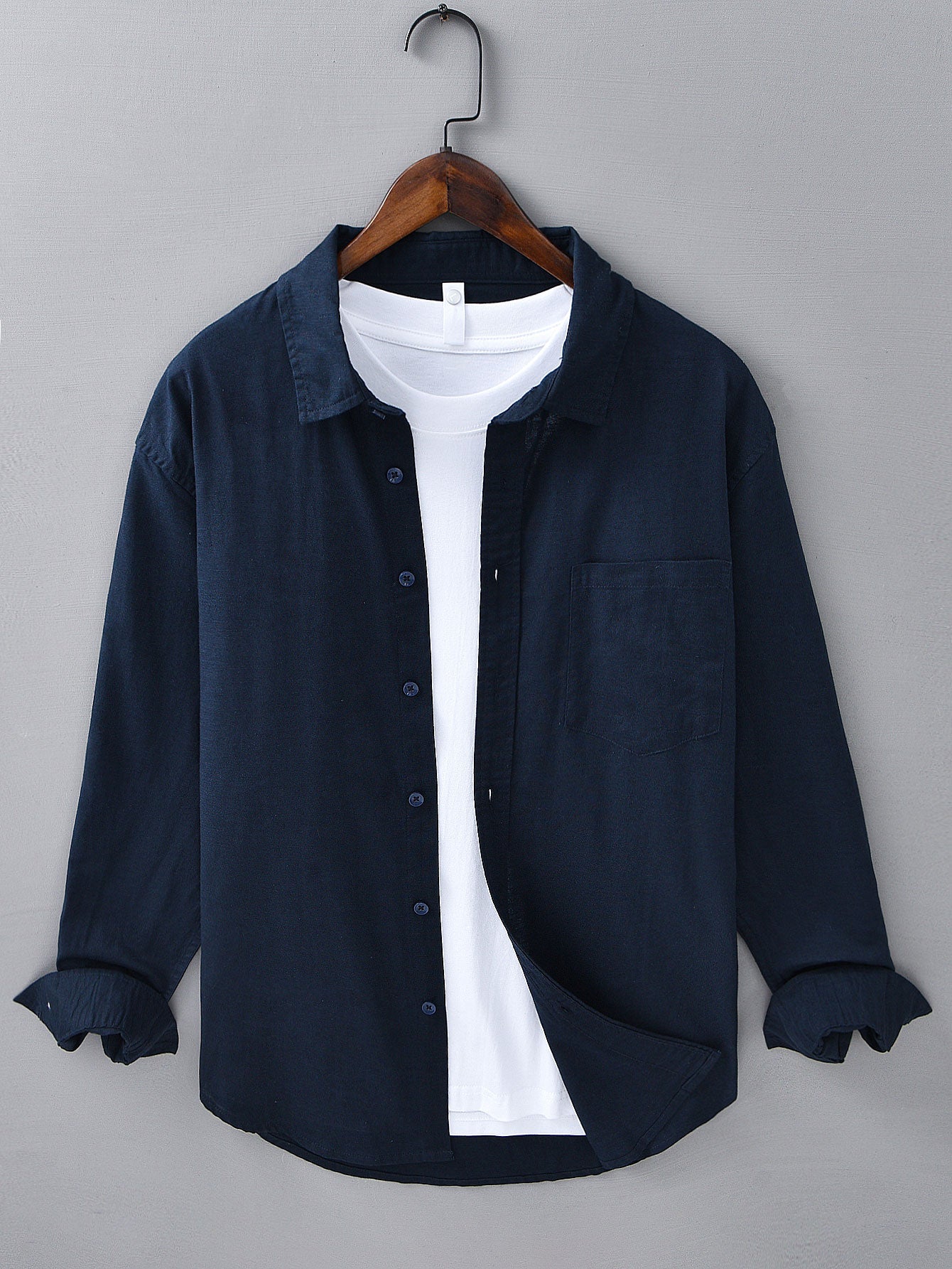 Pocketed Long Sleeve Linen-Cotton Blend Shirt