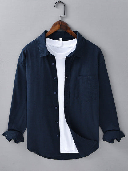 Pocketed Long Sleeve Linen-Cotton Blend Shirt