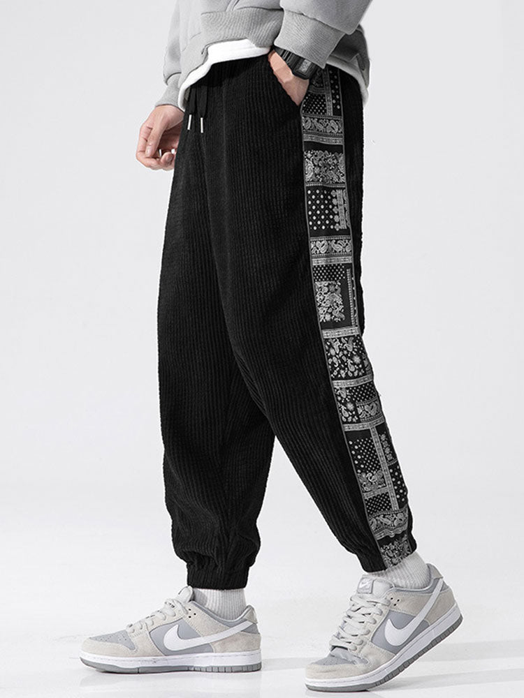 Paisley Print Corduroy Panel Trousers