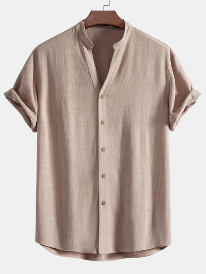 Short Sleeve V-Neck Linen-Rayon Blend Shirt with Wrinkle-Textured Straight Leg Pants