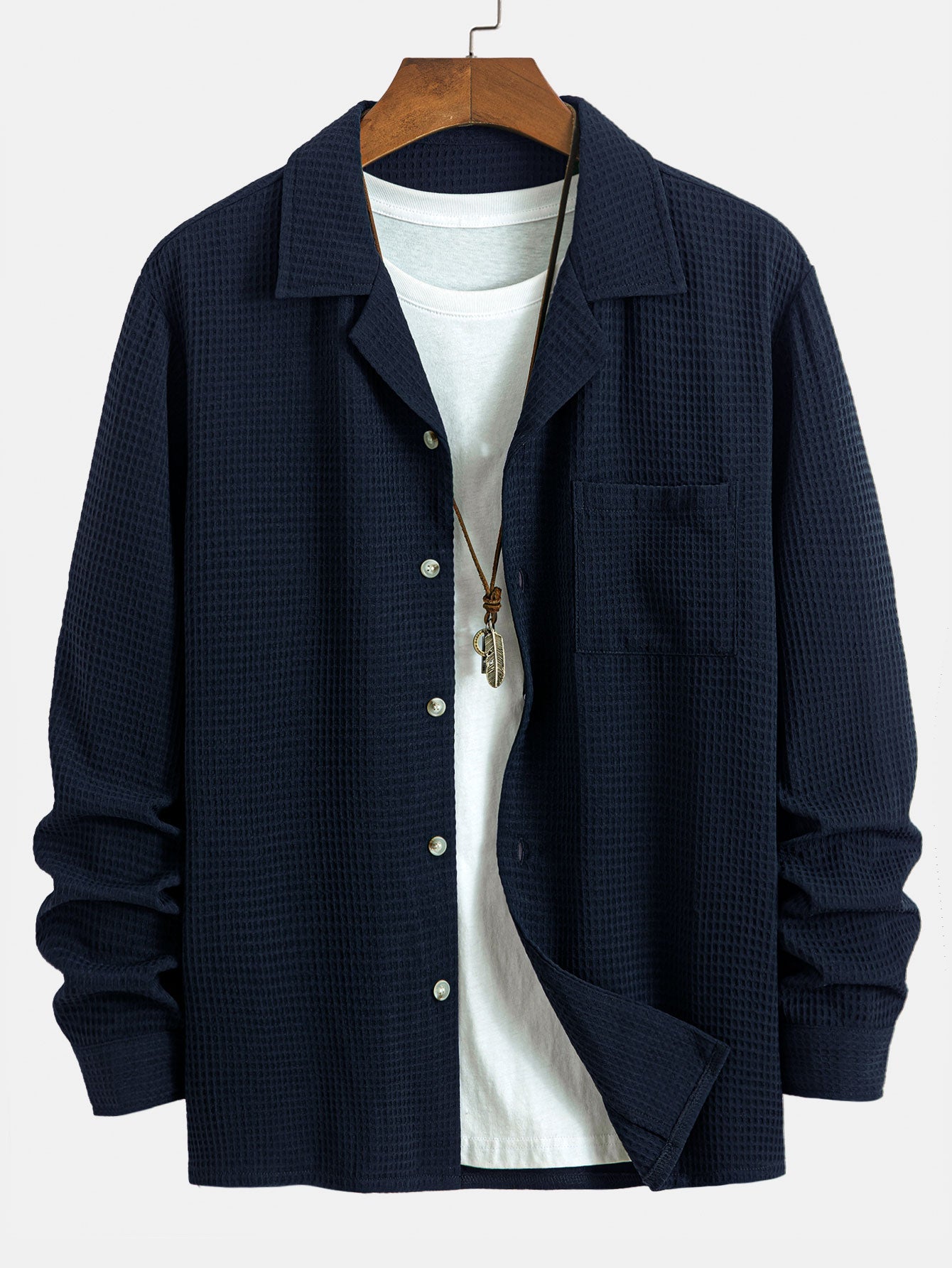 Waffle Knit Long Sleeve Cuban Collar Shirt