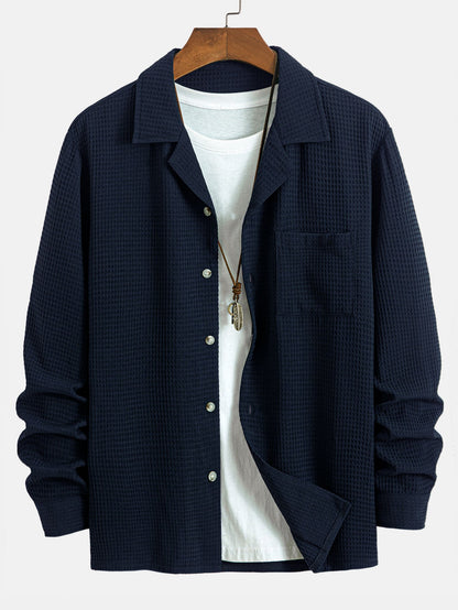 Waffle Knit Long Sleeve Cuban Collar Shirt