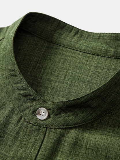 Short Sleeve Stand Collar Top & Straight Leg Linen Trousers