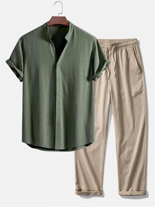 Short Sleeve V-Neck Linen-Rayon Blend Shirt with Wrinkle-Textured Straight Leg Pants