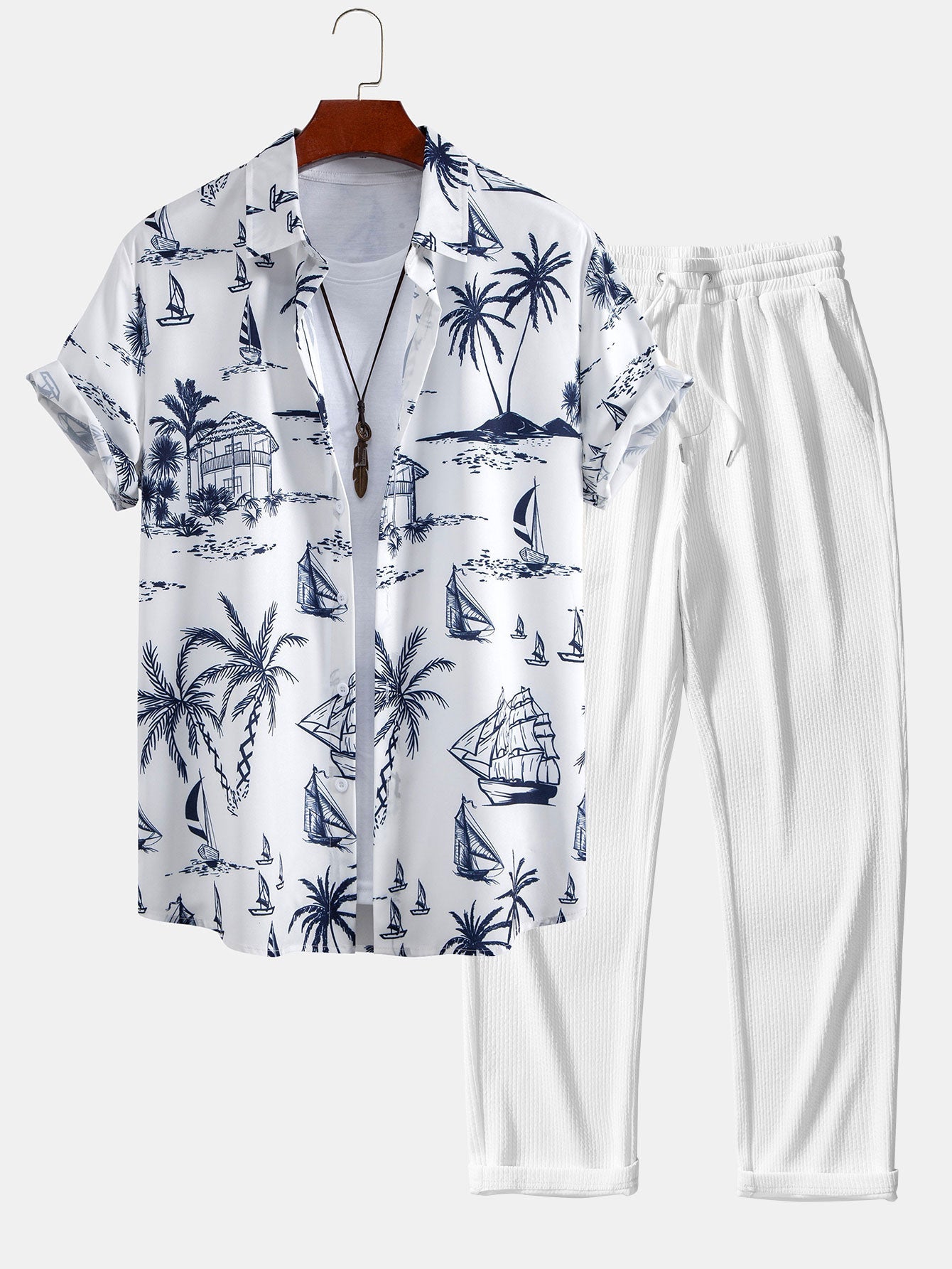 Island-Inspired Sailing Print Button-Up Shirt with Straight Leg Ribbed Pants