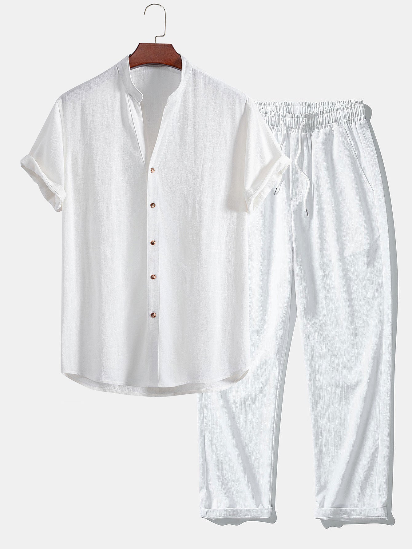 Short Sleeve V-Neck Linen-Rayon Blend Shirt with Wrinkle-Textured Straight Leg Pants