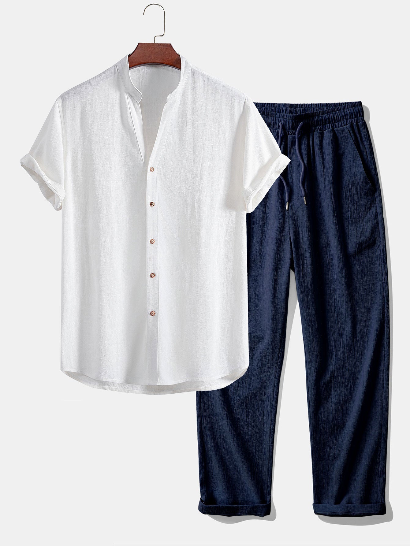Short Sleeve V-Neck Linen-Rayon Blend Shirt with Wrinkle-Textured Straight Leg Pants