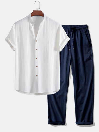 Short Sleeve V-Neck Linen-Rayon Blend Shirt with Wrinkle-Textured Straight Leg Pants