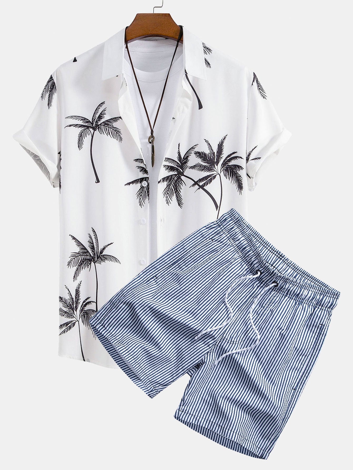 Palm Tree Pattern Button-Up Shirt with Striped Swim Shorts