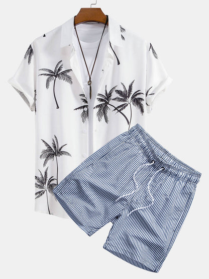 Palm Tree Pattern Button-Up Shirt with Striped Swim Shorts