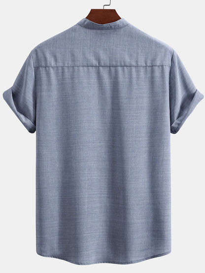 Short Sleeve Stand Collar Top & Straight Leg Linen Trousers