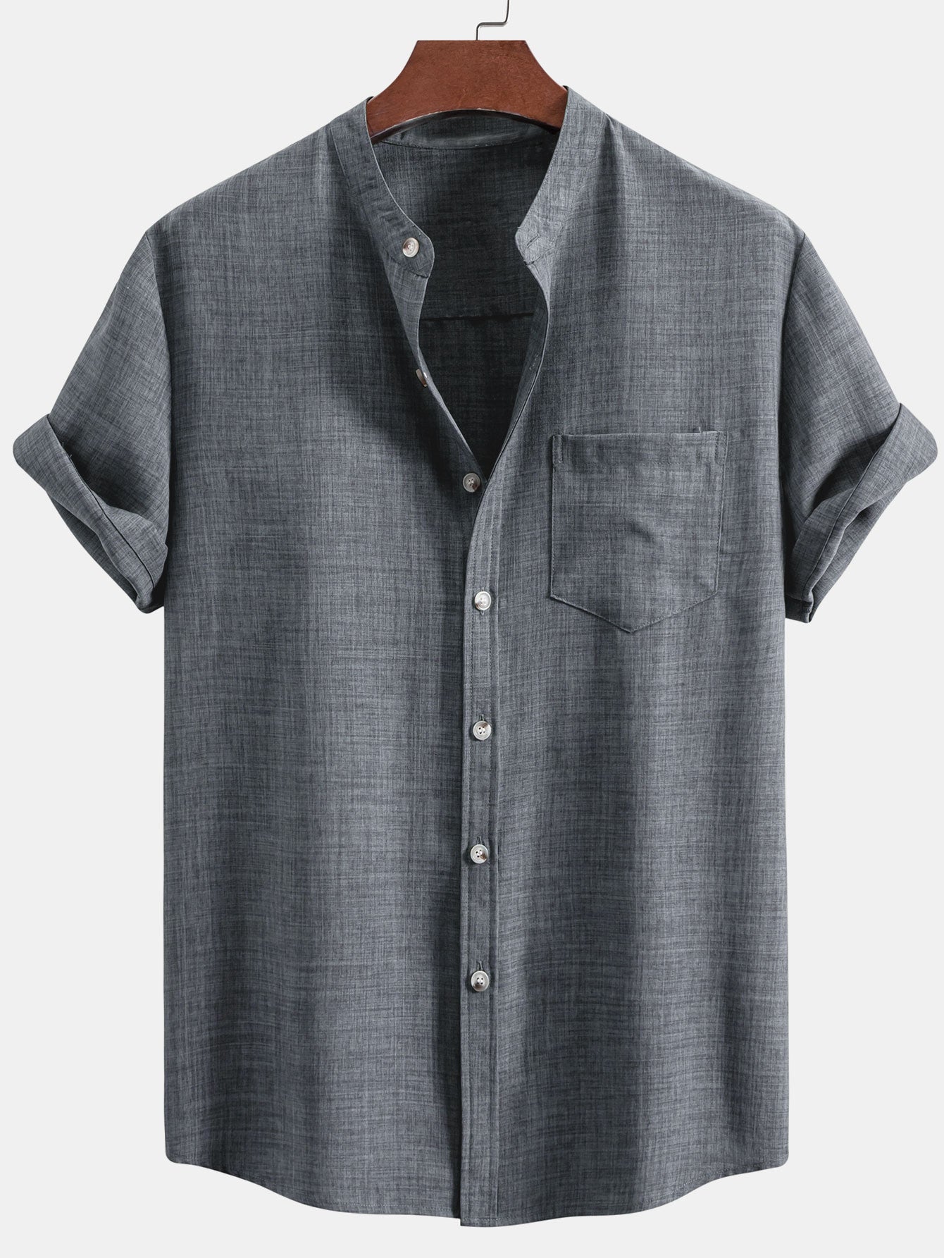 Short Sleeve Stand Collar Top & Straight Leg Linen Trousers