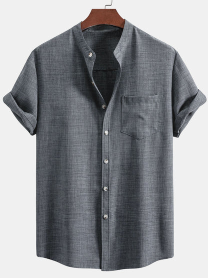 Short Sleeve Stand Collar Top & Straight Leg Linen Trousers