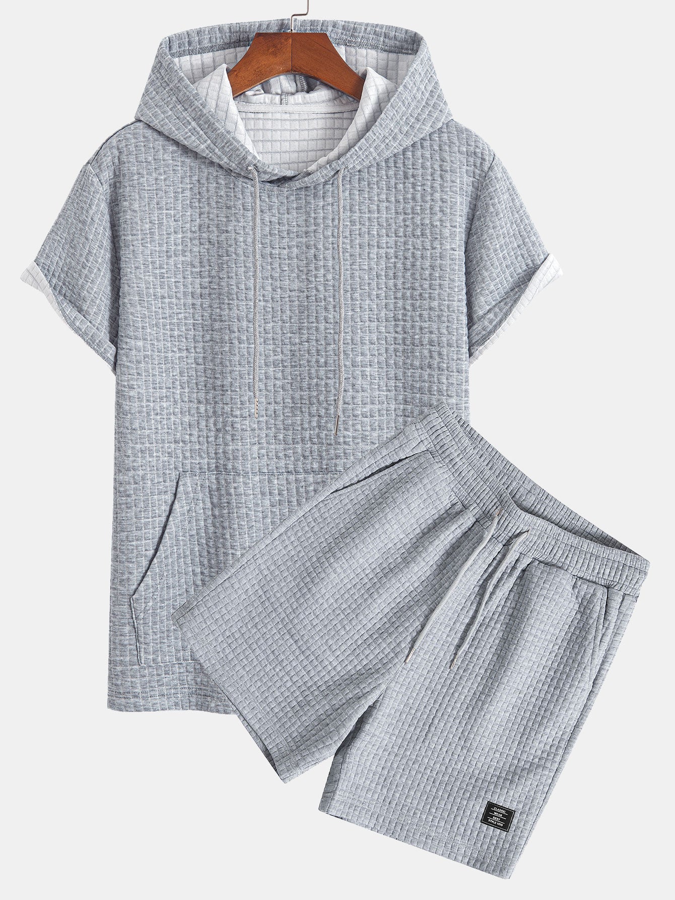 Waffle Knit Hooded T-Shirt with Kangaroo Pocket & Matching Shorts