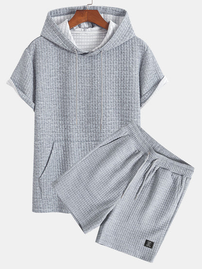 Waffle Knit Hooded T-Shirt with Kangaroo Pocket & Matching Shorts