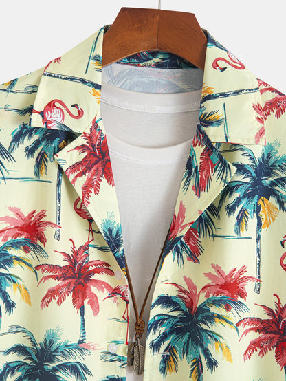 Relaxed Fit Flamingo Tropical Palm Tree Print Button-Up Shirt and Swim Shorts