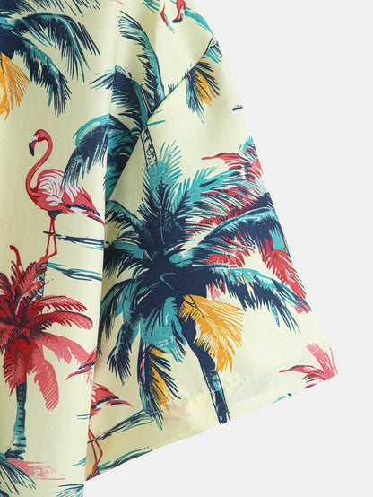 Relaxed Fit Flamingo Tropical Palm Tree Print Button-Up Shirt and Swim Shorts