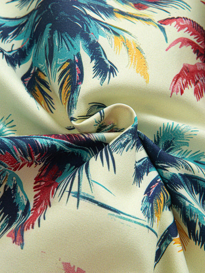 Relaxed Fit Flamingo Tropical Palm Tree Print Button-Up Shirt and Swim Shorts
