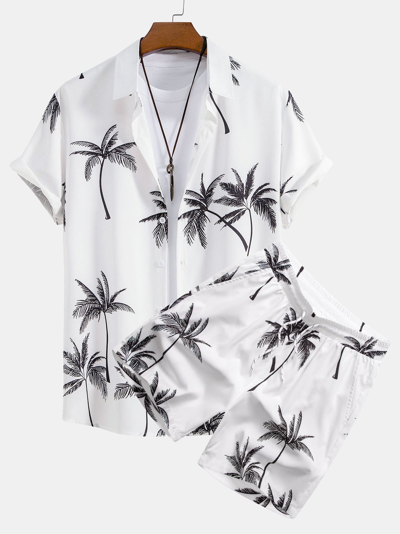 Palm Tree Pattern Button-Up Shirt & Matching Swim Shorts