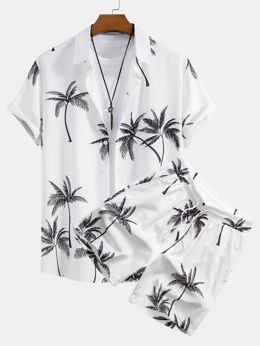 Palm Tree Pattern Button-Up Shirt & Matching Swim Shorts