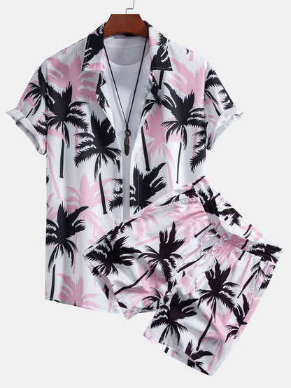 Palm Tree Print Button-Up Shirt and Matching Swim Shorts