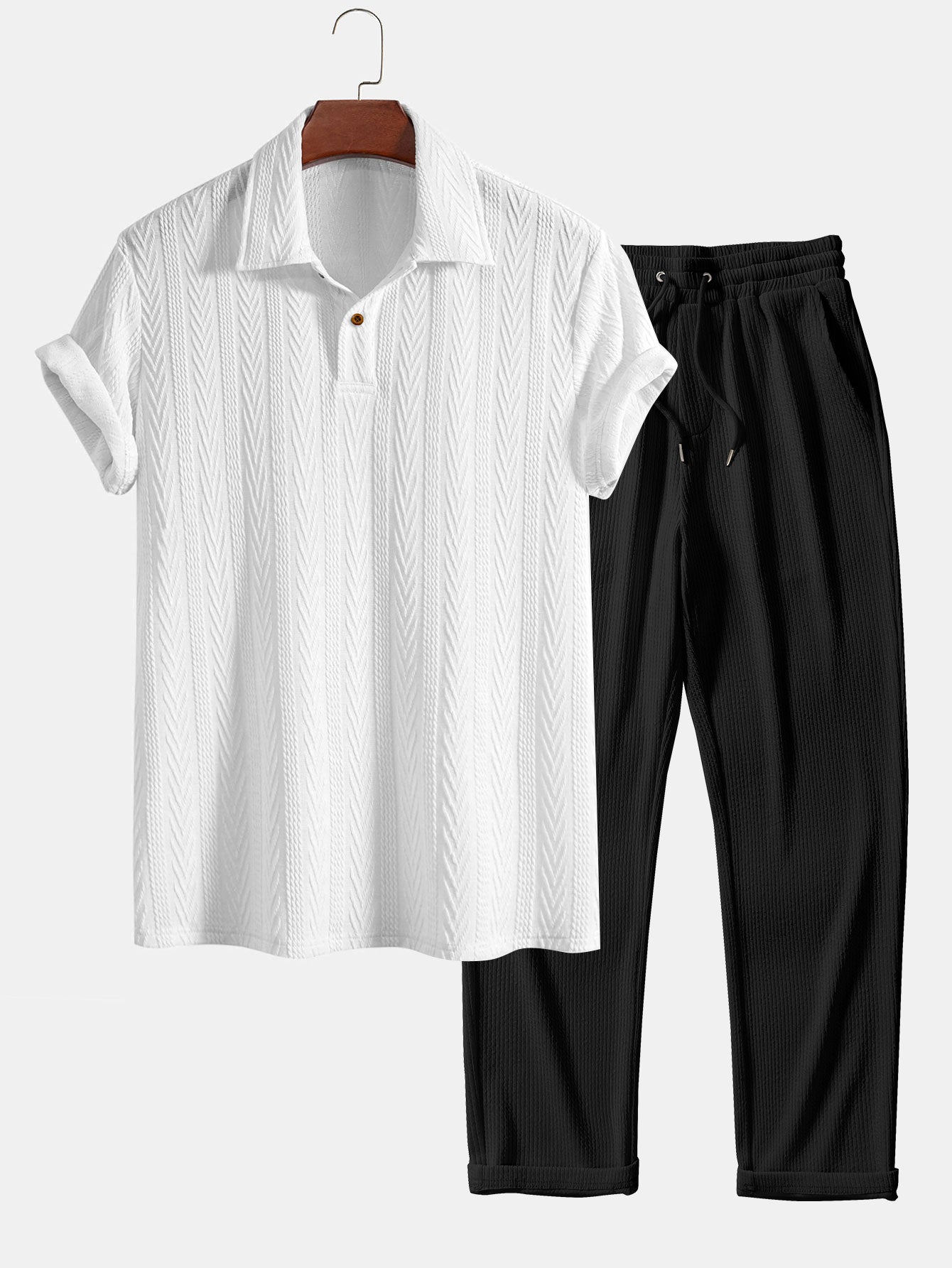Short Sleeve Jacquard Polo Shirt with Straight Leg Ribbed Trousers