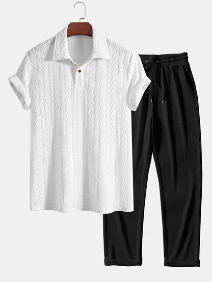 Short Sleeve Jacquard Polo Shirt with Straight Leg Ribbed Trousers