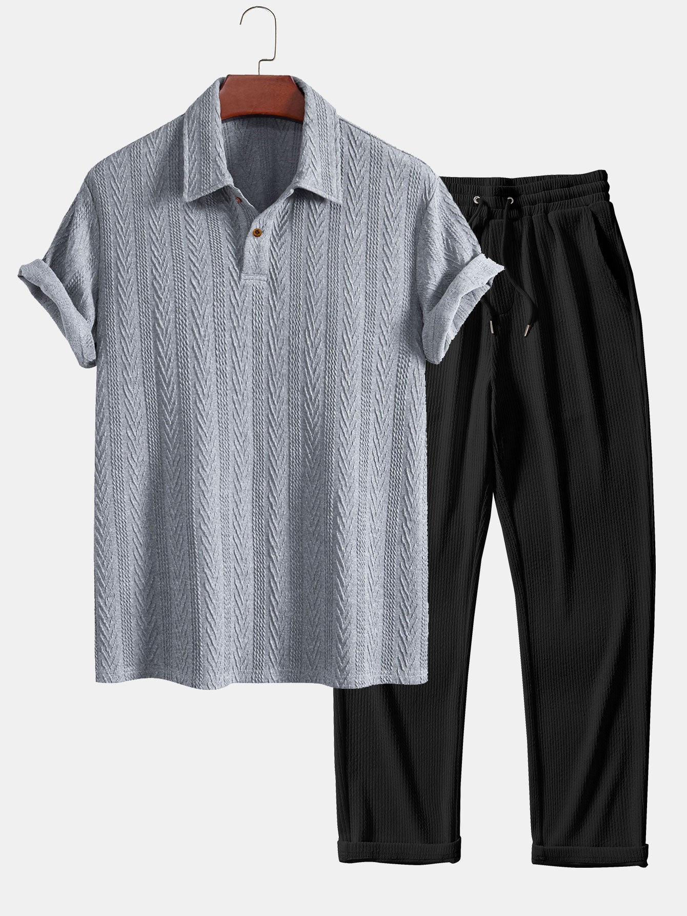 Short Sleeve Jacquard Polo Shirt with Straight Leg Ribbed Trousers