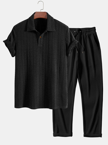 Short Sleeve Jacquard Polo Shirt with Straight Leg Ribbed Trousers