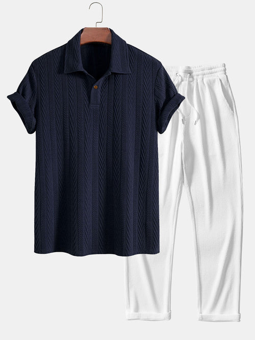 Short Sleeve Jacquard Polo Shirt with Straight Leg Ribbed Trousers
