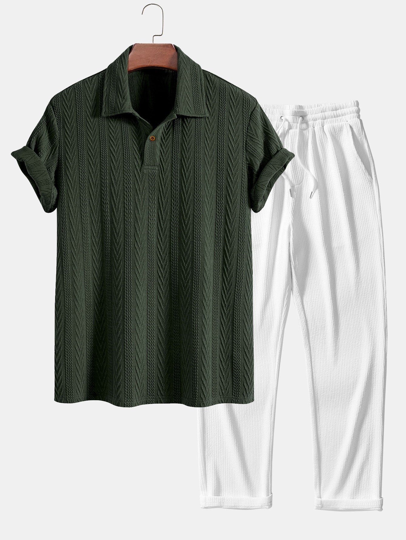 Short Sleeve Jacquard Polo Shirt with Straight Leg Ribbed Trousers