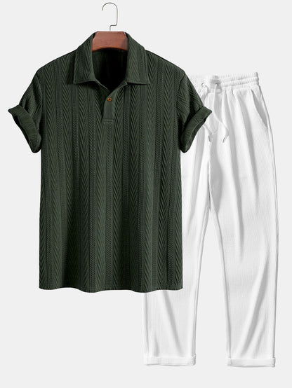 Short Sleeve Jacquard Polo Shirt with Straight Leg Ribbed Trousers