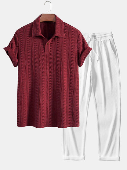 Short Sleeve Jacquard Polo Shirt with Straight Leg Ribbed Trousers