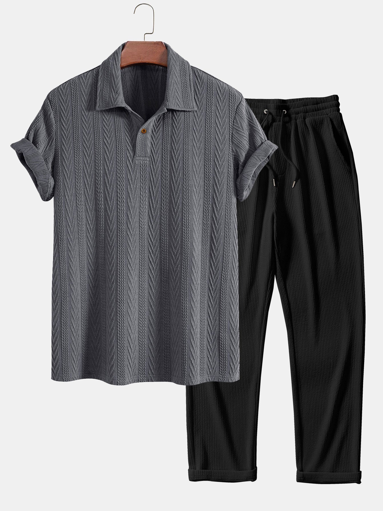 Short Sleeve Jacquard Polo Shirt with Straight Leg Ribbed Trousers