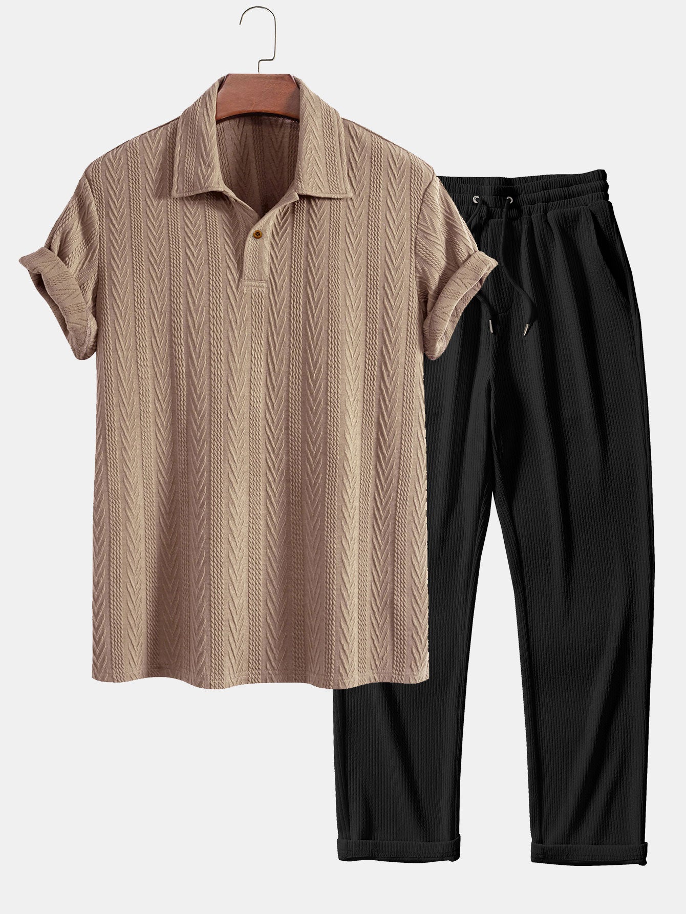 Short Sleeve Jacquard Polo Shirt with Straight Leg Ribbed Trousers