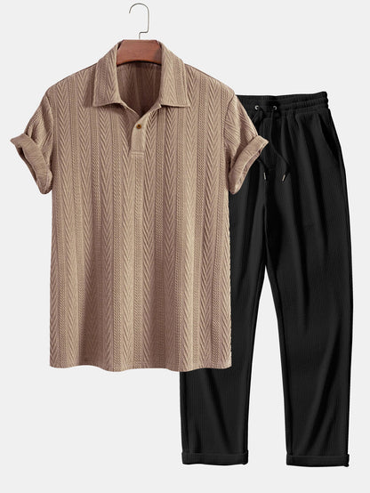 Short Sleeve Jacquard Polo Shirt with Straight Leg Ribbed Trousers