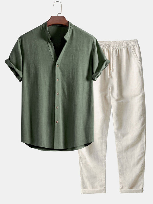 V-Neck Linen-Rayon Blend Top with Straight Leg Linen Trousers