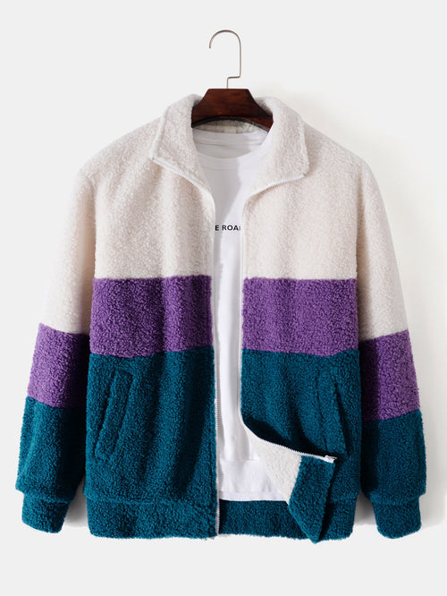 Color-Blocked Teddy Fleece Zip-Up Jacket