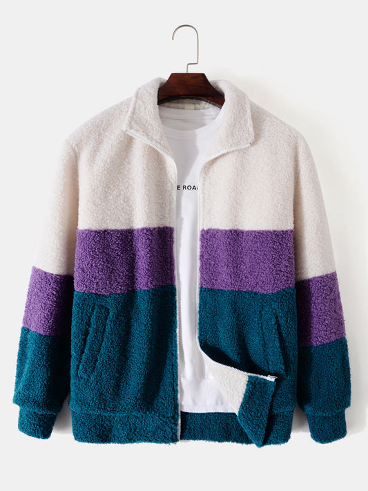 Color-Blocked Teddy Fleece Zip-Up Jacket