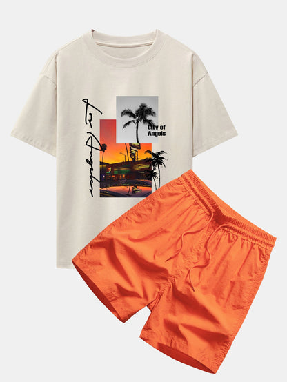Los Angeles Landscape Graphic Oversized T-Shirt & Swim Shorts Set