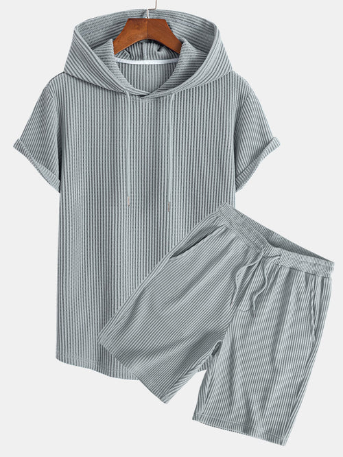 Waffle Knit Hooded T-Shirt with Arc Hem & Drawstring Waffle Shorts