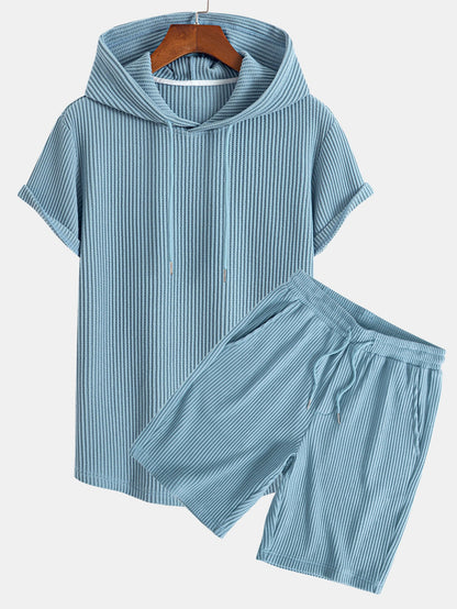 Waffle Knit Hooded T-Shirt with Arc Hem & Drawstring Waffle Shorts