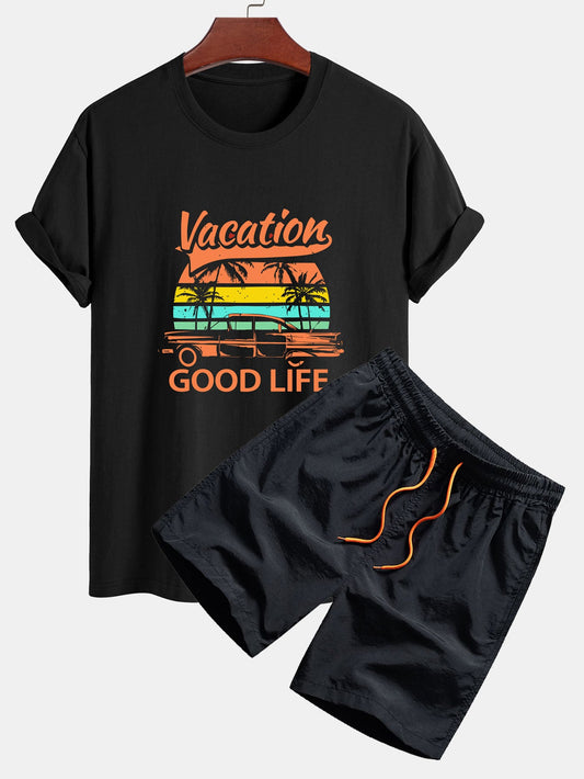 Regular Fit 'Good Life On Vacation' Graphic Cotton T-Shirt & Men's Mid-Length Drawstring Swim Shorts