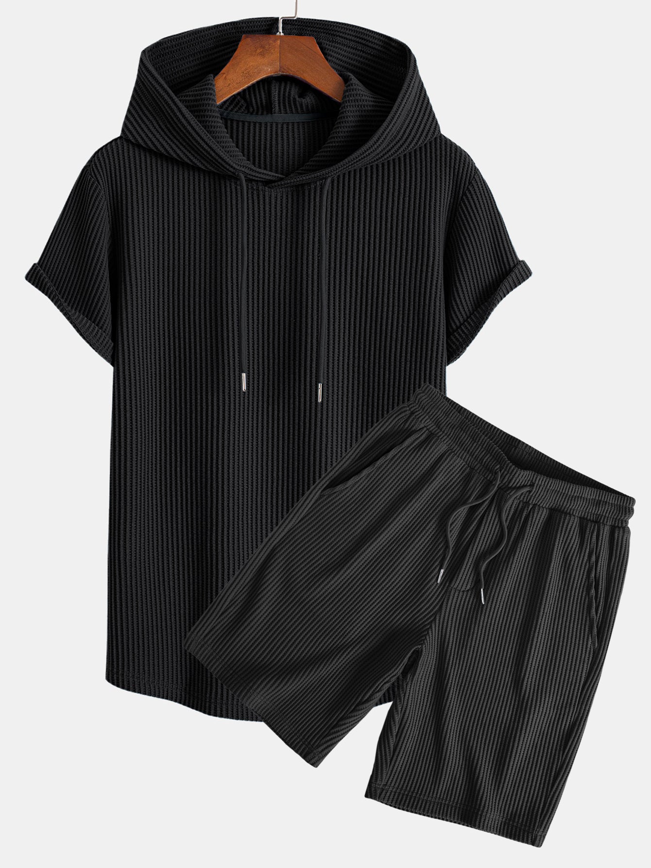 Waffle Knit Hooded T-Shirt with Arc Hem & Drawstring Waffle Shorts